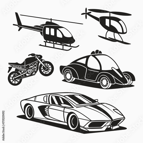 A collection of stylized black and white vector illustrations of various vehicles including two helicopters a police car a motorcycle and a sports car