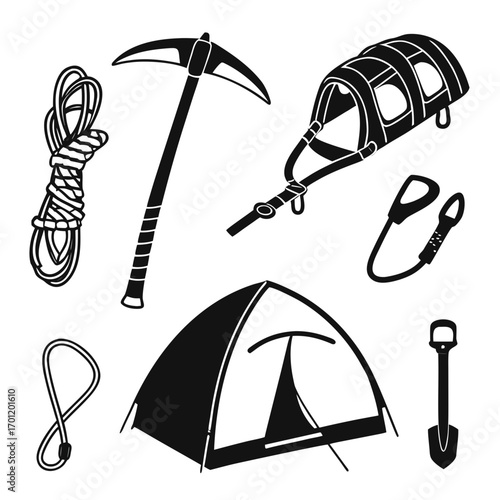 Collection of black silhouette icons representing camping and mountaineering equipment including a tent ice axe rope harness carabiner and shovel for outdoor adventures and survival