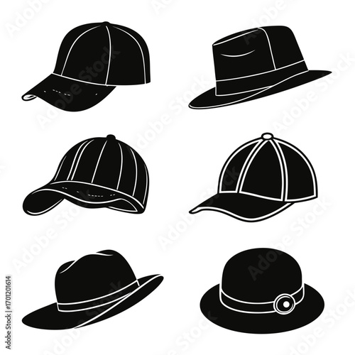 Collection of black silhouette icons representing different types of hats including baseball caps fedoras and a cloche hat on a white background