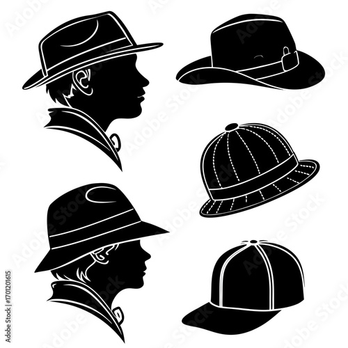 Collection of black silhouette headwear including fedoras a safari hat a pith helmet and a baseball cap presented on a white background for graphic design