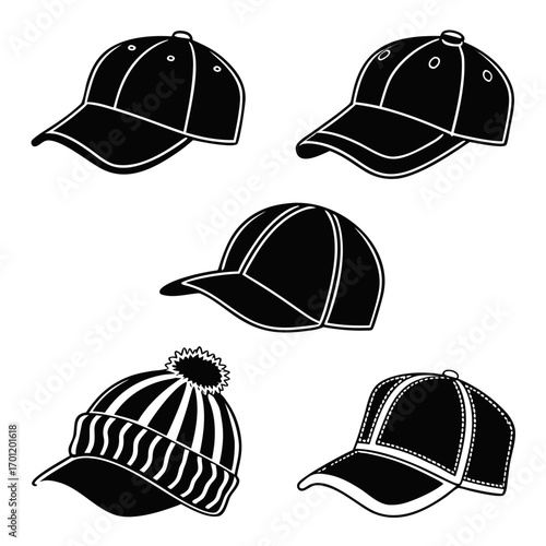 Collection of black and white silhouette illustrations of various caps including baseball caps and a beanie with a pom pom against a white background