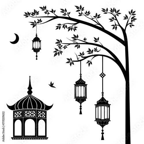 A silhouette of a tree with hanging lanterns a crescent moon a small bird and an ornate pavilion creates a mystical and enchanting night scene