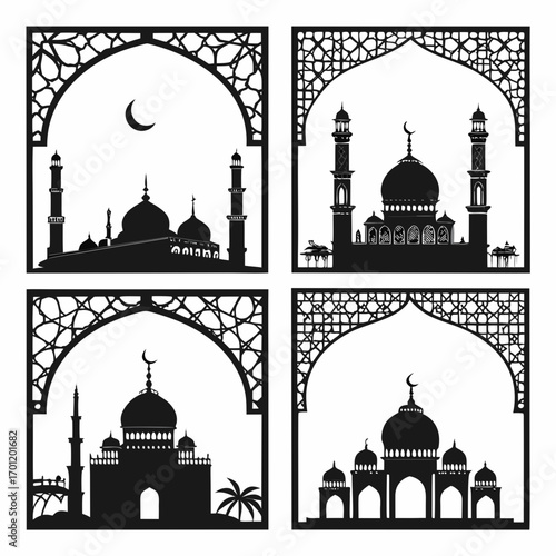 Collection of four islamic mosque silhouettes framed by intricate geometric archways featuring domes minarets and crescent moons ideal for cultural and religious designs