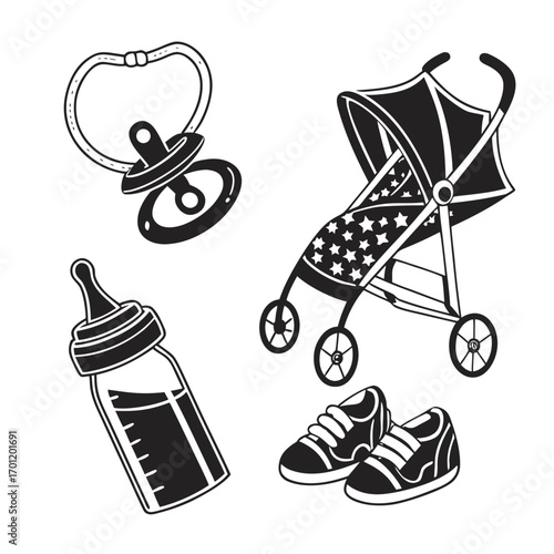 A collection of baby essentials including a pacifier baby bottle stroller and baby shoes all depicted in a simple black and white line art style