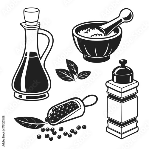 A collection of culinary icons including a bottle of oil or vinegar a mortar and pestle with spices fresh herb leaves a scoop of peppercorns and a salt or pepper shaker