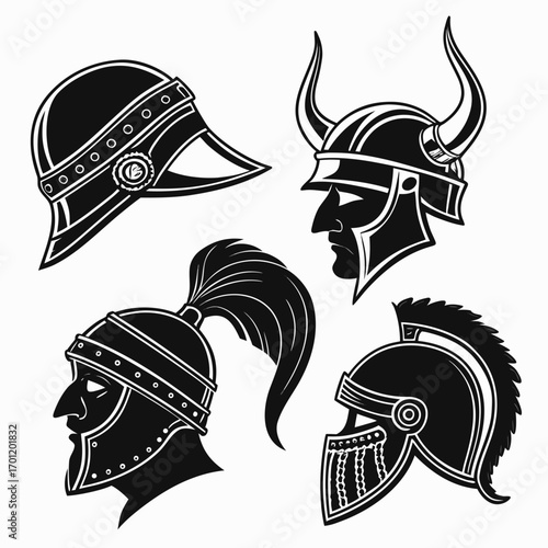 Collection of stylized black and white warrior helmets including roman greek and viking styles representing historical combat and ancient warfare