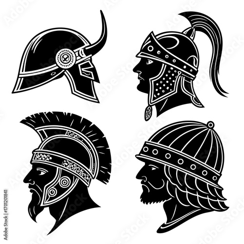 Collection of four distinct historical warrior helmets and profiles in black and white silhouette style representing different ancient cultures and combatants