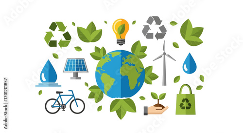 Environmental conservation and sustainability illustration with various elements.