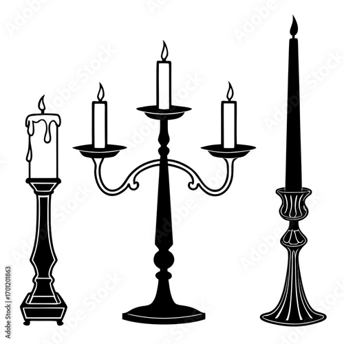 Three elegant black silhouette candle holders with lit candles on a white background representing a classic and decorative lighting arrangement