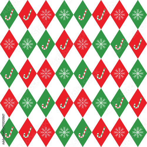 Seamless argyle pattern with white snowflakes and candy canes.Colorful harlequin repeat pattern in green and red for Christmas.Winter vector graphic background for textile and prints.
