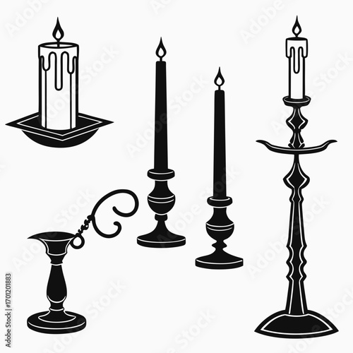 A collection of five black silhouette illustrations of antique candle holders and lit candles against a white background showcasing vintage decorative elements