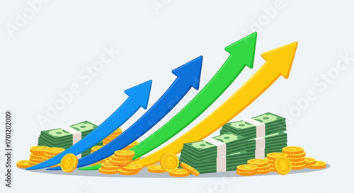 financial growth, increasing profits, rising investment returns, upward trend, money piles, investment success.