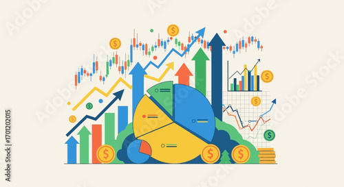 Financial analysis concept with pie chart and graphs.