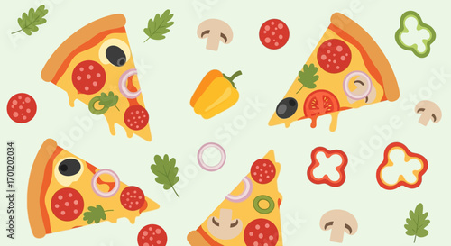 Flat design pizza slices with pepperoni mushroom and peppers.