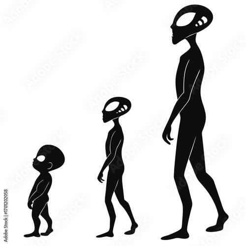 Three silhouetted aliens of varying sizes stand in a line against a white background representing different stages of life or species