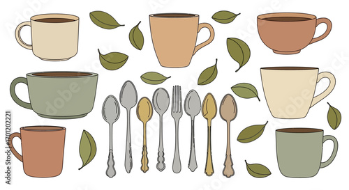 Hand drawn collection of coffee mugs tea cups spoons and leaves.