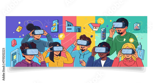 Group of people wearing VR headsets experiencing virtual reality.