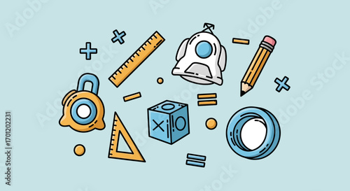 Hand drawn collection of school and math supplies illustration.