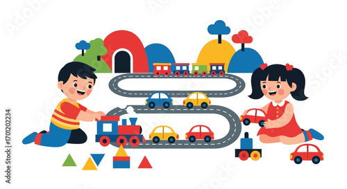 Happy children playing with toy trains and cars on a winding track.