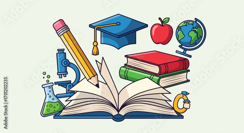 Hand drawn illustration of education and learning symbols.