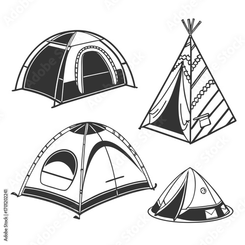 Collection of four hand drawn camping tents and a teepee in a simple black and white sketch style on a white background