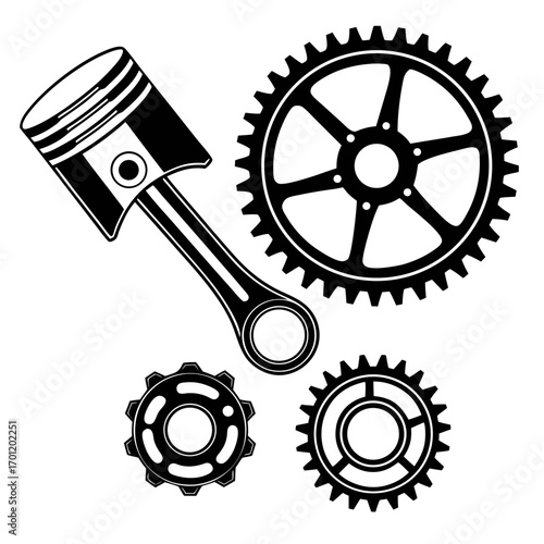 A black and white illustration of a piston and connecting rod alongside three different sized gears symbolizing mechanical engineering and industry