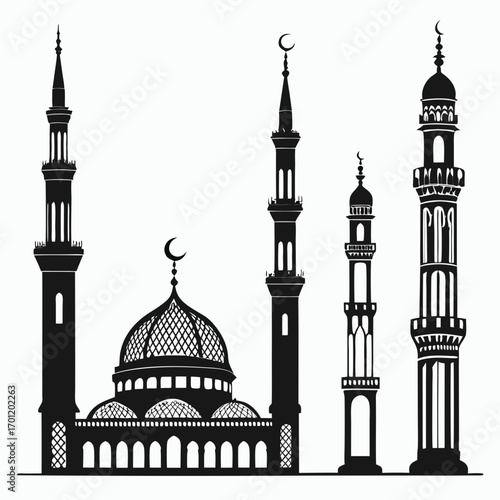 A collection of black silhouette mosque minarets and domes with crescent moons on a white background representing islamic architecture and religious symbols