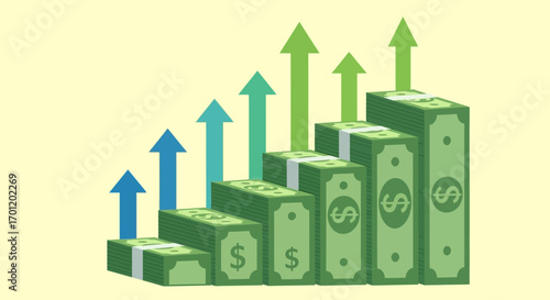 Increasing stacks of money with upward arrows representing financial growth.