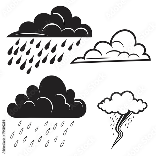 Collection of stylized weather icons featuring rain clouds a lightning storm cloud and a simple cloud against a white background perfect for weather forecasts and graphic design