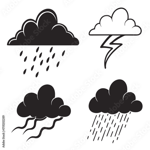Collection of stylized black and white weather icons depicting rain lightning and wind with clouds on a white background
