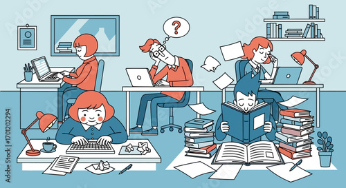 Illustration of Stressed People Overwhelmed with Work and Study.