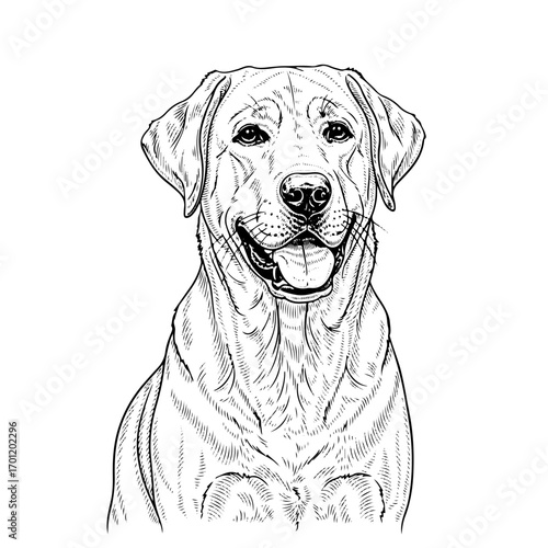 labrador retriever line art, engraving, hand drawn, vector illustration, isolated on white background