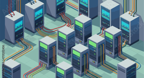 Isometric Server Room Illustration with Multiple Servers and Cables.