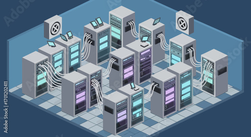 Isometric Server Room with Multiple Racks and Cables.