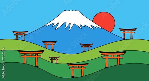 Japanese Landscape Illustration with Mount Fuji and Torii Gates.