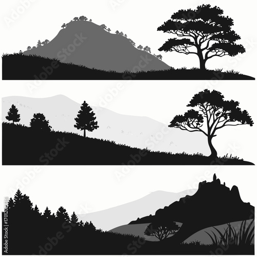 Three distinct silhouetted landscape scenes featuring rolling hills mountains trees and grass in shades of grey and black against a white background