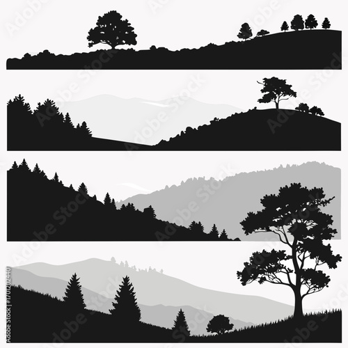 Four distinct black silhouette landscape scenes featuring rolling hills trees and mountains in varying shades of gray perfect for graphic design elements