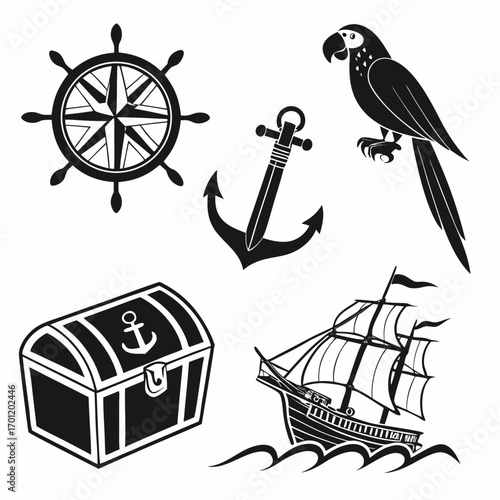 Nautical and pirate themed icons including a ship s wheel anchor parrot treasure chest and sailing ship on waves
