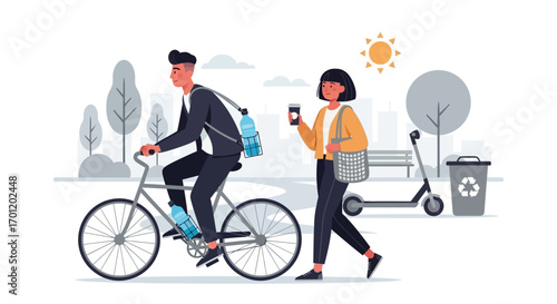 Man riding a bicycle and woman walking in a city park.