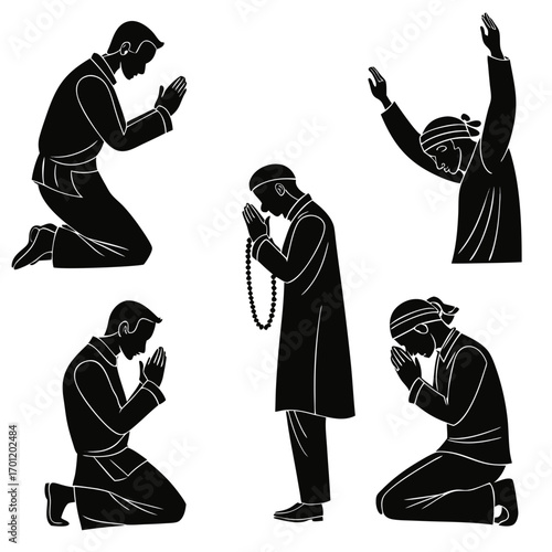 Collection of diverse muslim men in prayer silhouettes showcasing various prayer positions and attire emphasizing devotion and spiritual connection