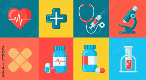 Medical healthcare icons representing health and wellness concepts.
