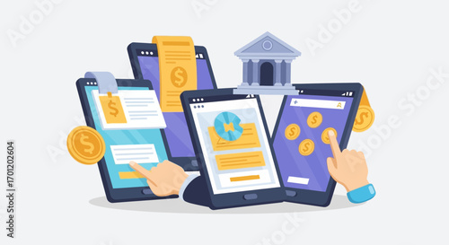 Mobile banking and online financial services on various digital devices.