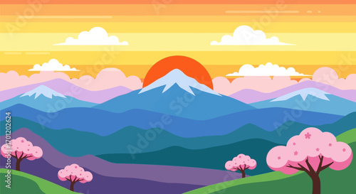 mountain landscape with cherry blossoms.
