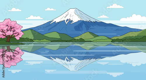 Majestic Mount Fuji reflected in serene lake.