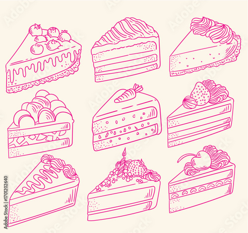 Set of vintage-style cake slice illustrations, minimalist line drawings in vector for bakeries, cafes, birthdays, cards, menus, pastries, or graphic design.