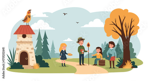 Park ranger guiding a group of children on a nature walk.