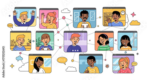 Online video conferencing meeting with diverse group of people.