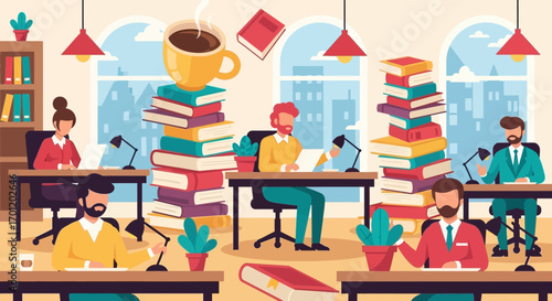 People working in a modern office with books and coffee.