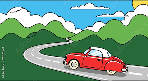 Red Convertible Car on Scenic Road Trip Through Mountains.