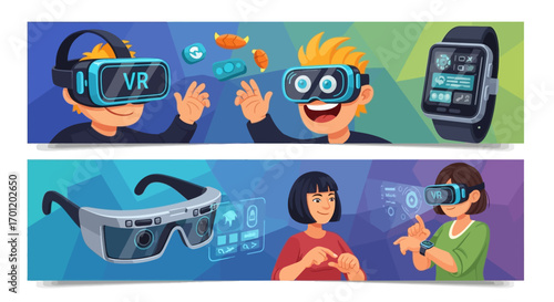 People Using Virtual and Augmented Reality Technology Banners.